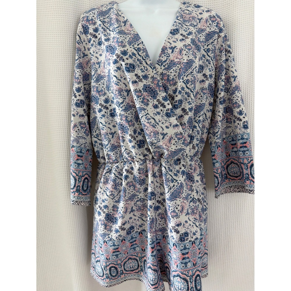 2Bella Blue Pink Floral Paisley Surplice Romper Long Sleeve V-Neck Large
